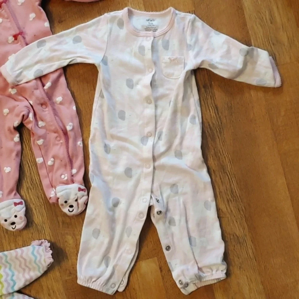 3 Pack Girls Snap Pink‎ Footie Sleep & Plays 9M- Elephant, Chevron, Sheep